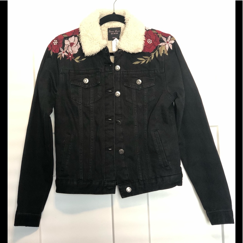Love Tree Denim Floral Embroidered Black Jacket